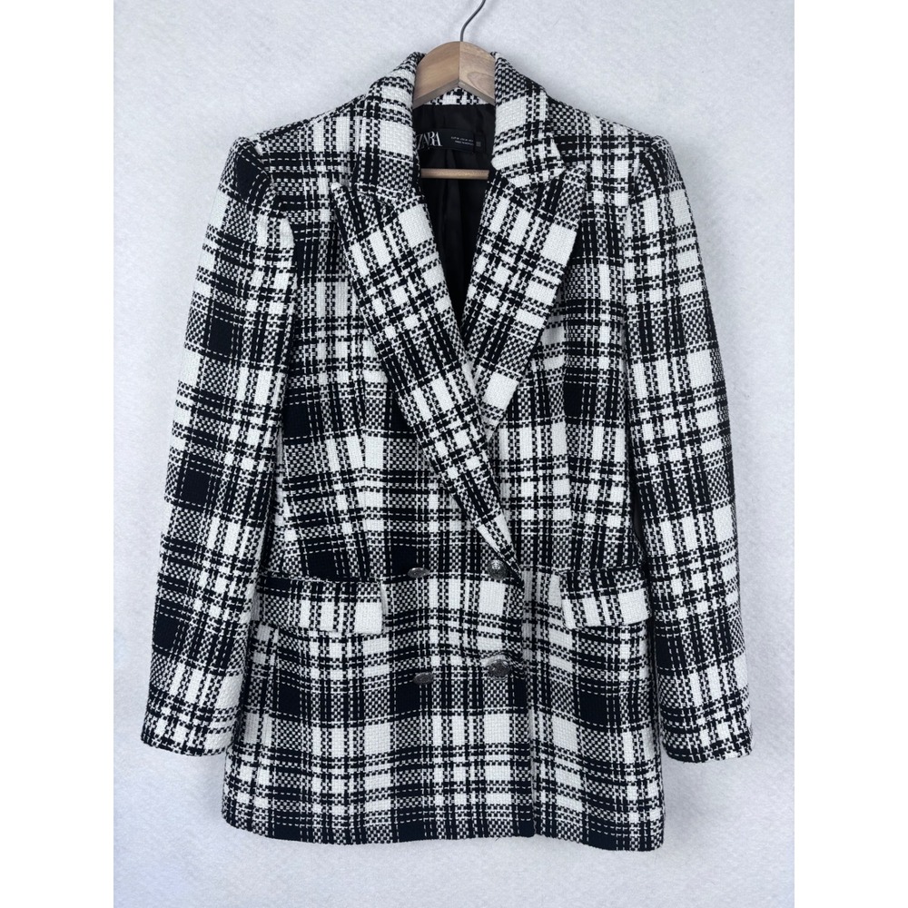 ZARA PLAID TWEED BLAZER, SIZE M, Double Breasted Longline Textured Office